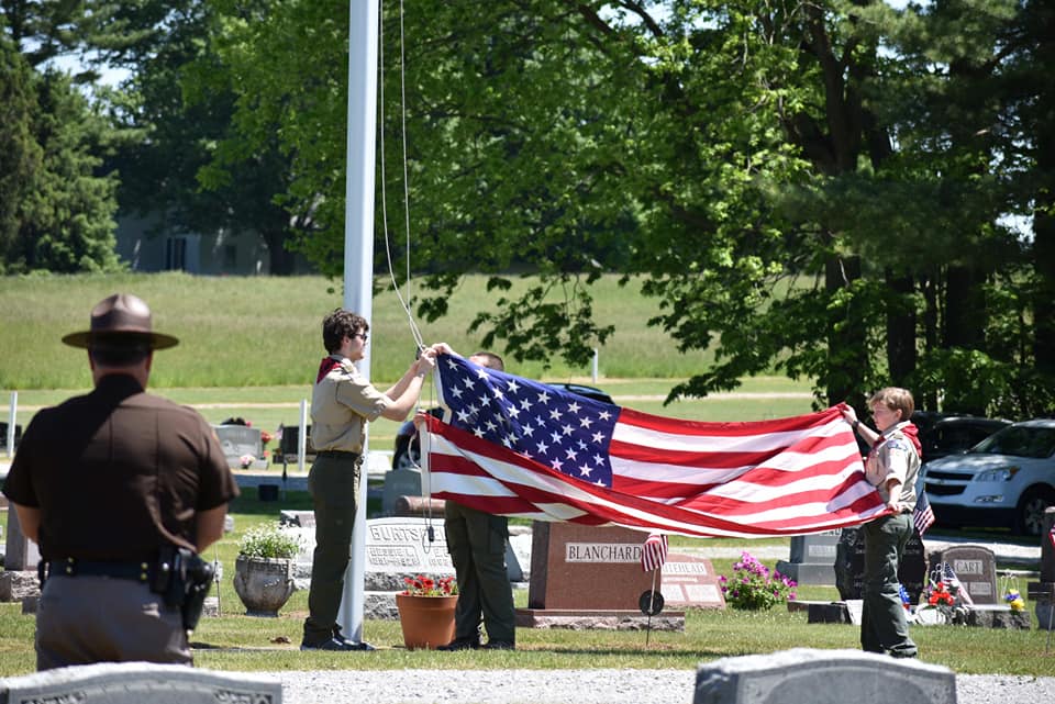 Scouts raising the flag - New Paris Memorial Day Ceremony